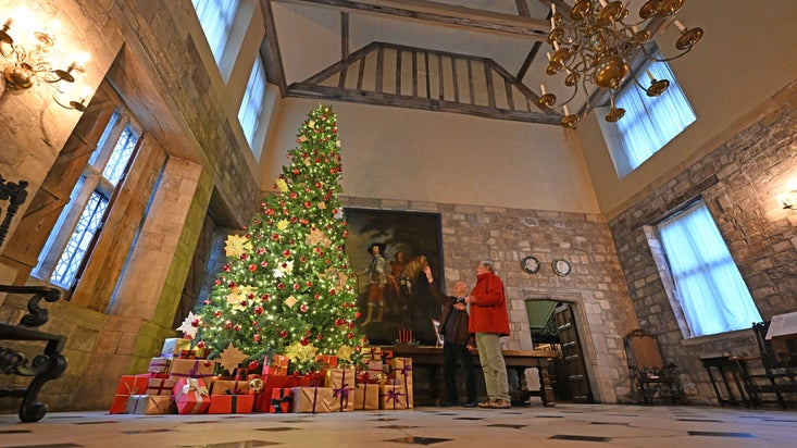 Two men in a grand hall with a very large decorated Christmas tree in the corner and gifts underneath